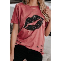Kiss The Lip Distressed Cotton Tee